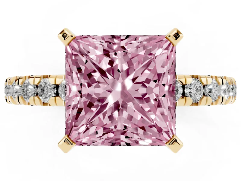Fancy Pink Princess Cut Diamond Solitaire Pavé Engagement Ring Set in Yellow gold with Round Band and Prong Setting