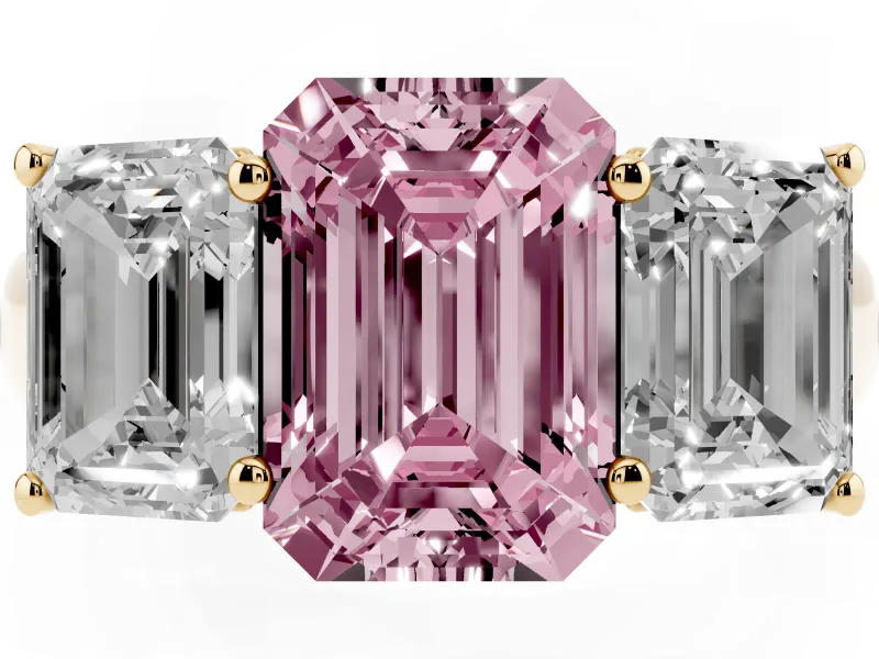 Emerald Cut Three Stone Engagement Ring Setting for a Fancy Pink Lab-Grown Diamond | Basket Prong Heads | Yellow Gold