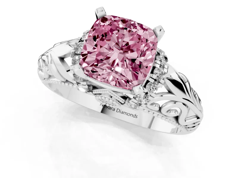 Fancy Pink Cushion Cut Diamond Filigree Halo Engagement Ring Set in Silver with Prong Setting
