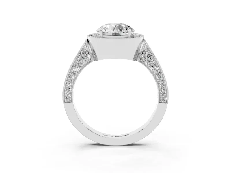 Round Vintage Milgrain Halo Engagement Ring Setting | Side Stones and Pave | Sterling Silver