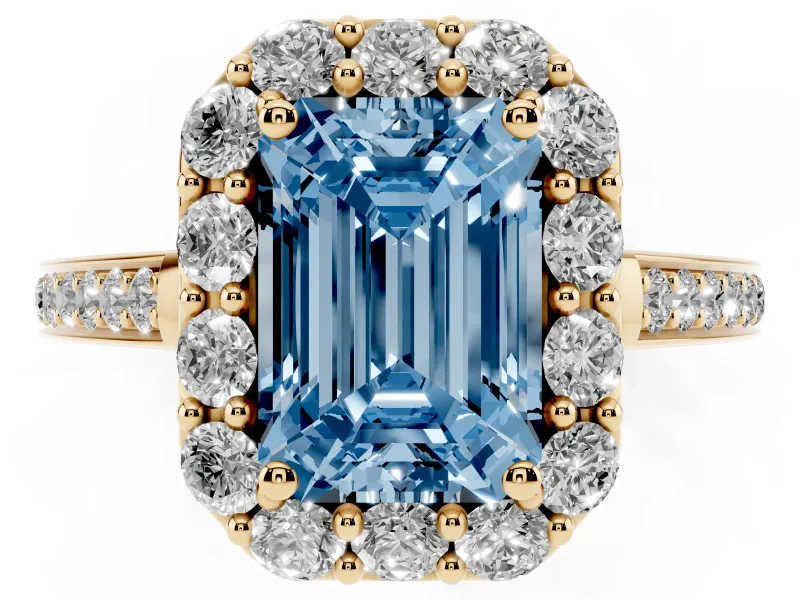 Emerald Cut Floral Halo Engagement Ring Setting for a Fancy Blue Lab-Grown Diamond | Large Round Accents | Yellow Gold