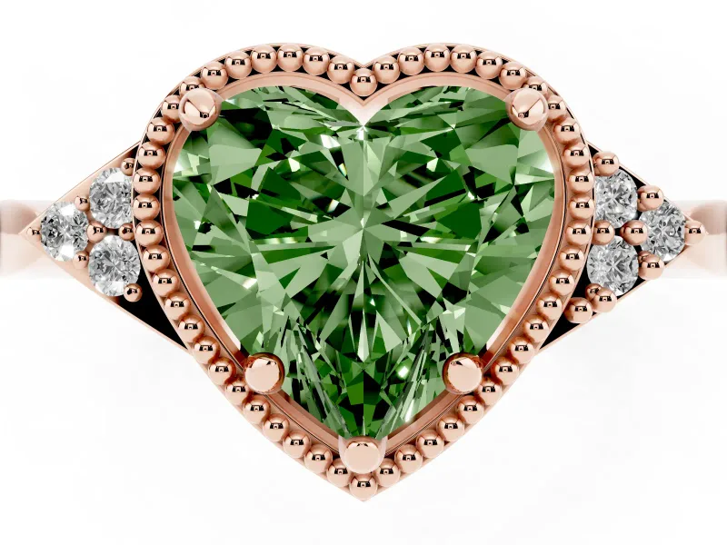 Fancy Green Heart Cut Diamond Milgrain Solitaire Ring Set in Rose gold with Tapered Pavé Band and Prong Setting