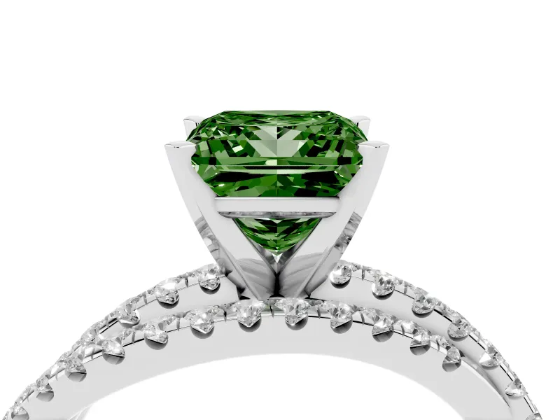 Fancy Green Princess Cut Diamond Solitaire Twist Band Ring Set in Platinum with Pavé Setting and Prong Head