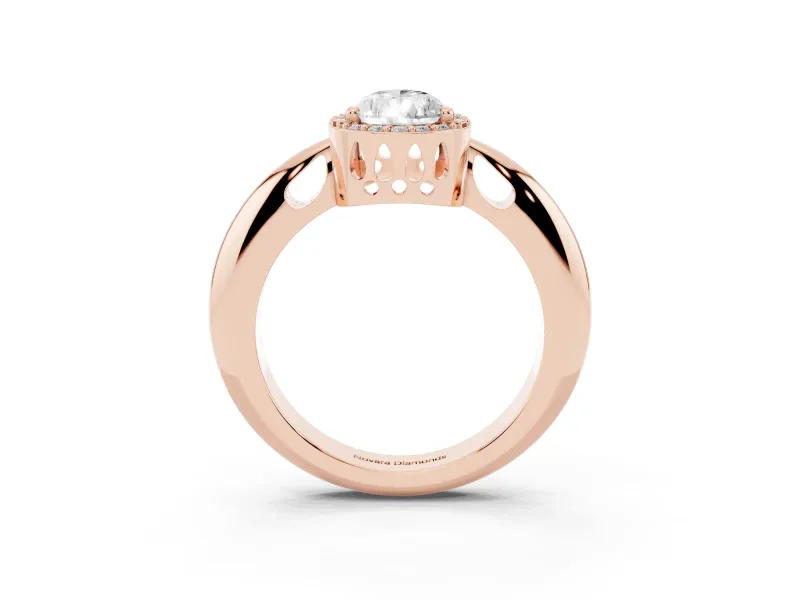 Pear Cut Diamond Halo Engagement Ring Set in Rose gold with Plain Split Shank and Prong Setting
