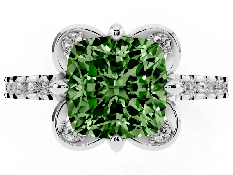Cushion Cut Floral Petal Engagement Ring Setting for a Fancy Green Lab-Grown Diamond | Petal Accents | Sterling Silver