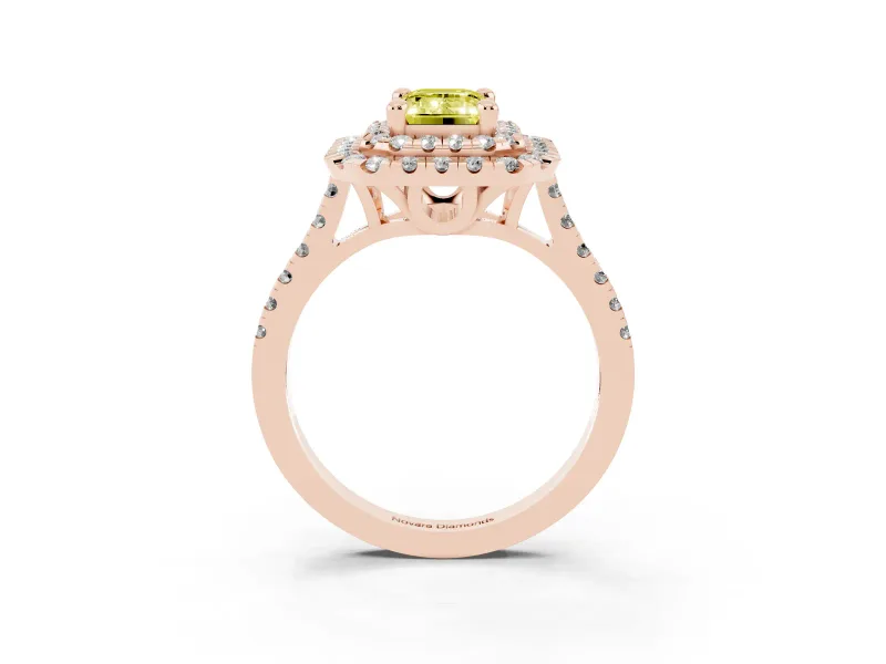 Emerald Cut Double Halo Engagement Ring Setting for a Fancy Yellow Lab-Grown Diamond | Pave Shoulders | Rose Gold