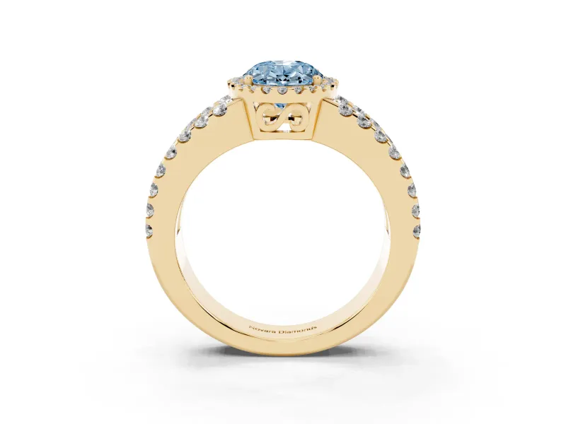 Oval Halo Split Shank Engagement Ring Setting for a Fancy Blue Lab-Grown Diamond | Yellow Gold