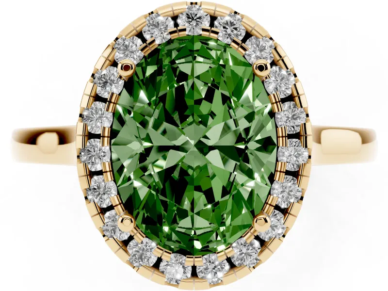 Fancy Green Oval Cut Halo Round Diamond Solitaire Ring Set in Yellow gold with Pavé Band and Prong Setting