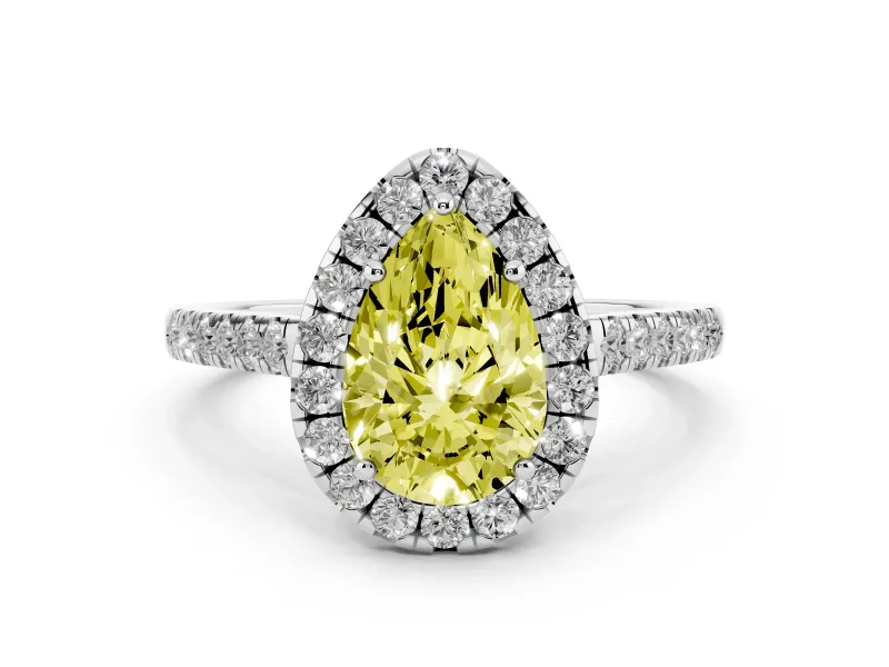 Fancy Yellow Pear Cut Diamond Halo Pavé Engagement Ring Set in White gold with Prong Setting