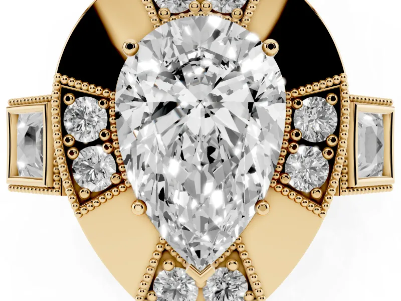 Pear Cut Diamond Milgrain Halo Ring Set in Yellow gold with Split Shank