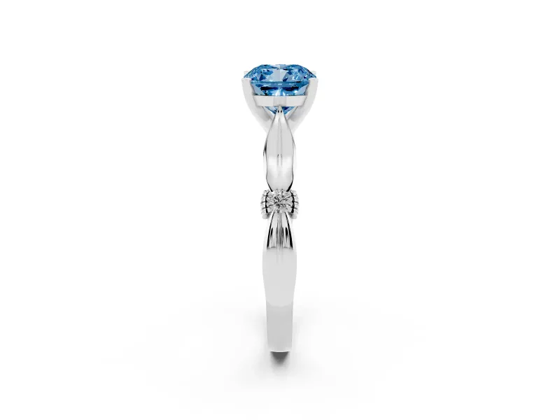 Fancy Blue Cushion Cut Diamond Solitaire Twisted Band Ring Set in Platinum with Accent Stones and Prong Setting