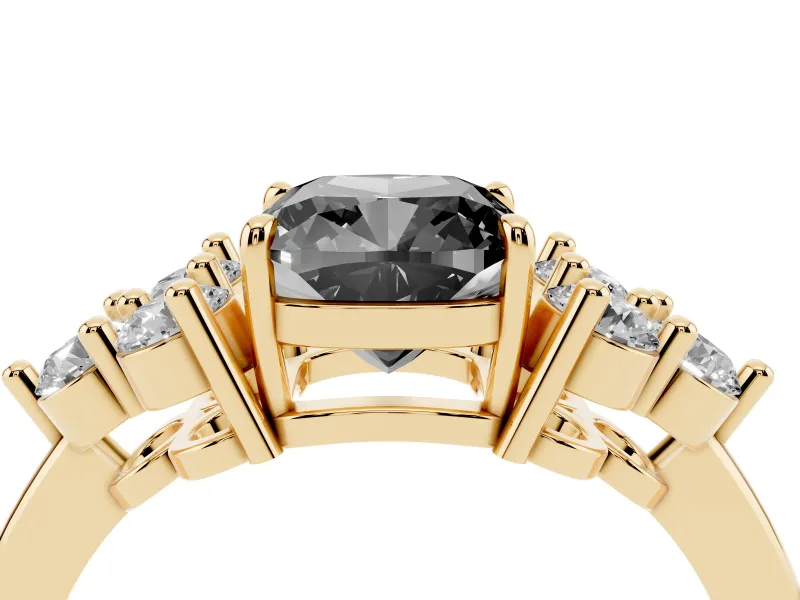 Fancy Black Cushion Cut Diamond Solitaire Ring Set in Yellow gold with Cluster Accents on Each Side