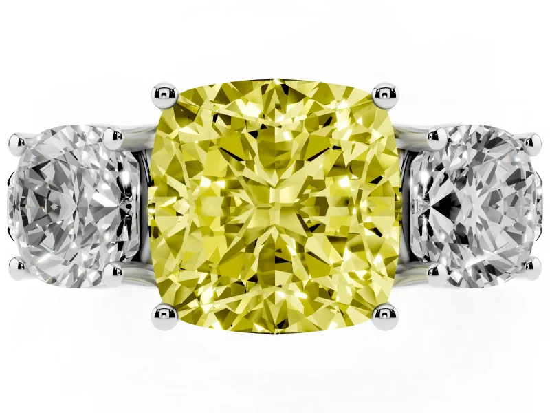 Cushion Cut Three Stone Engagement Ring Setting for a Fancy Yellow Lab-Grown Diamond | Accented Shoulders | Platinum