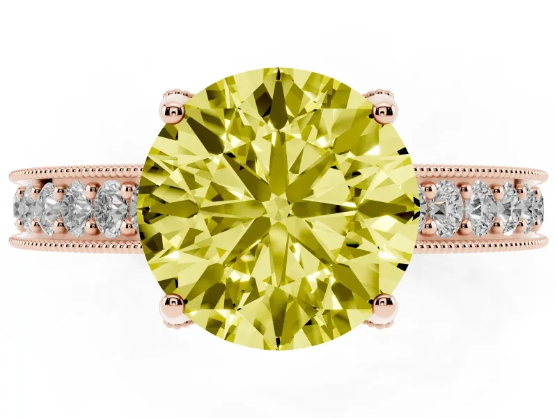 Round Vintage Hidden Halo Engagement Ring Setting for a Fancy Yellow Lab-Grown Diamond | Milgrain Pave Band | Rose Gold