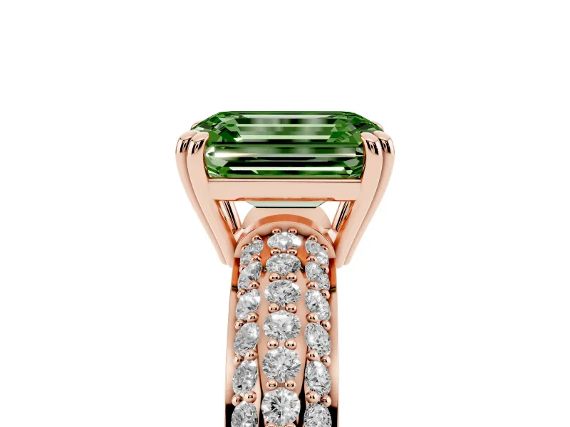 Emerald Cut Three Row Pave Engagement Ring Setting for a Fancy Green Lab-Grown Diamond | Rose Gold