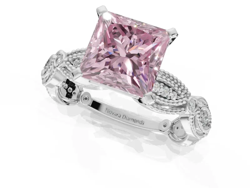 Princess Cut Vintage Engagement Ring Setting for a Fancy Pink Lab-Grown Diamond | Graduated Stations | Sterling Silver