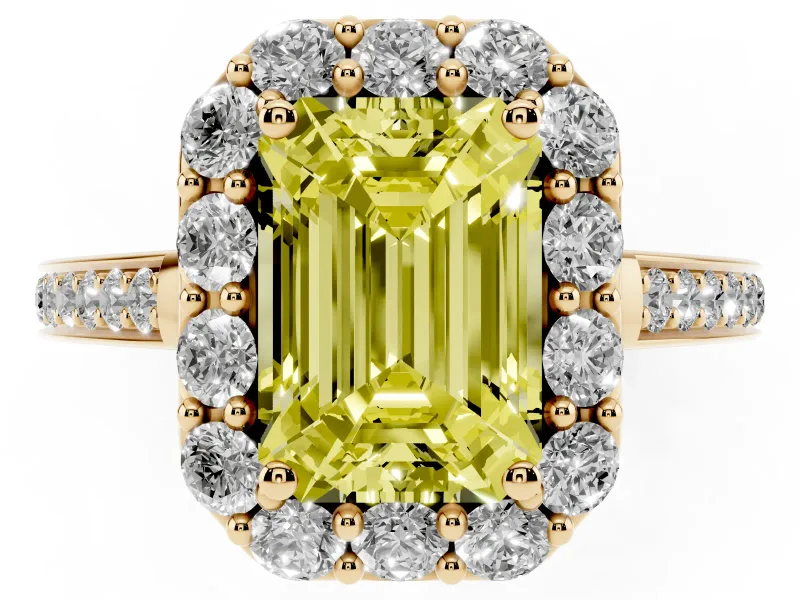 Fancy Yellow Emerald Cut Diamond Floral Halo Ring Set in Yellow gold with Pavé Band and Prong Setting