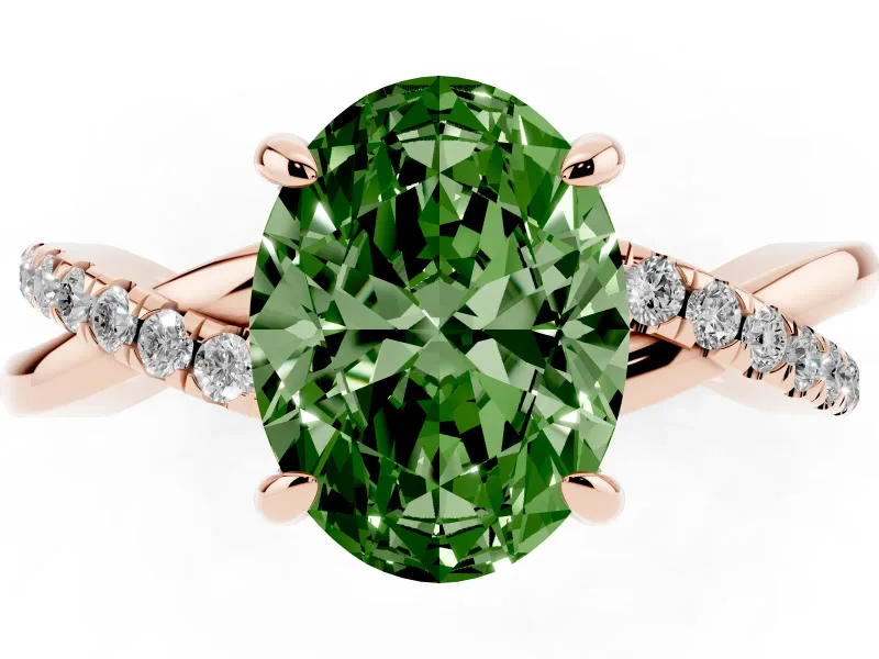 Fancy Green Oval Cut Diamond Twist Band Solitaire Set in Rose gold with Pavé Accents and Prong Setting