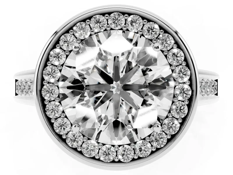 Round Cut Diamond Halo Solitaire Ring Set in Platinum with Pavé Band and Bezel Setting