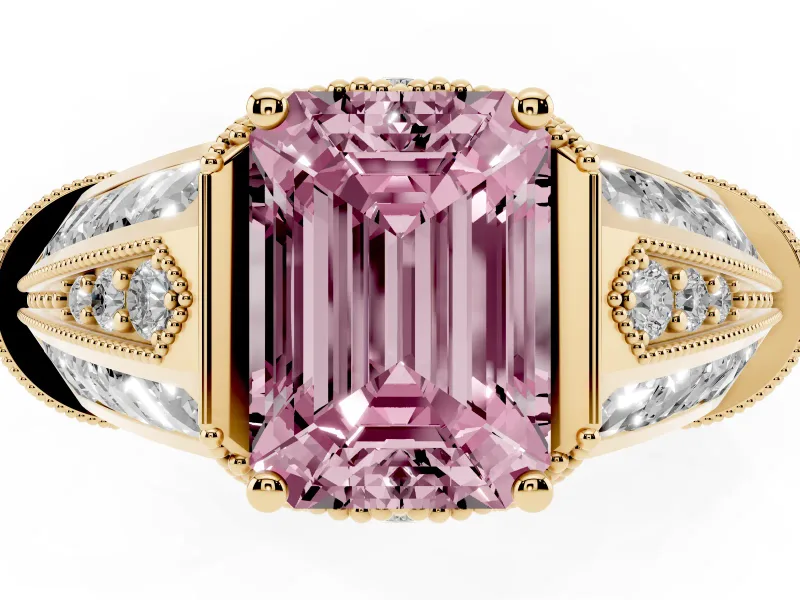 Fancy Pink Emerald Cut Diamond Vintage-Inspired Milgrain Ring Set in Yellow gold with Accent Split Shank