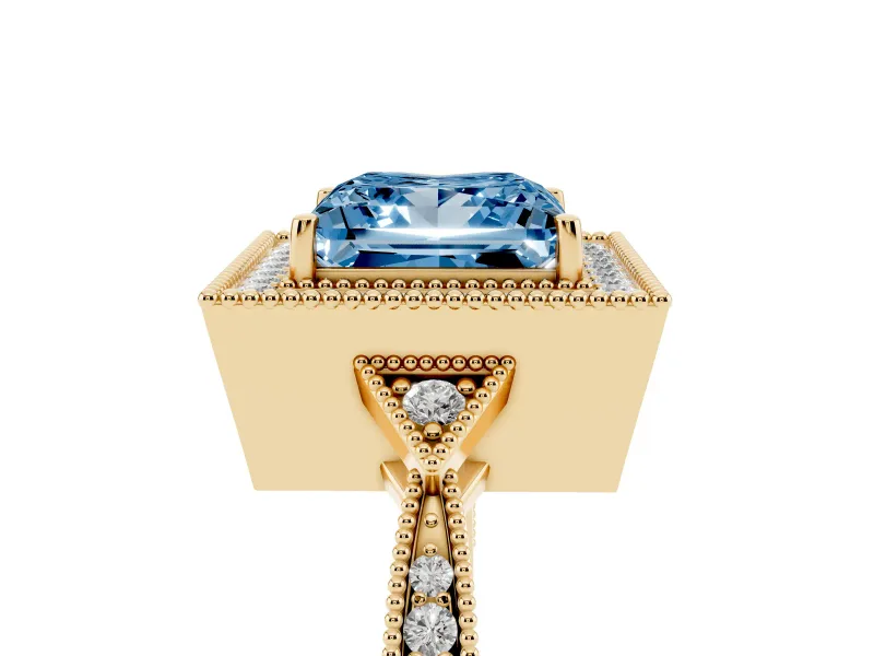 Princess Cut Milgrain Halo Engagement Ring Setting for a Fancy Blue Lab-Grown Diamond | Graduated Pavé | Yellow Gold