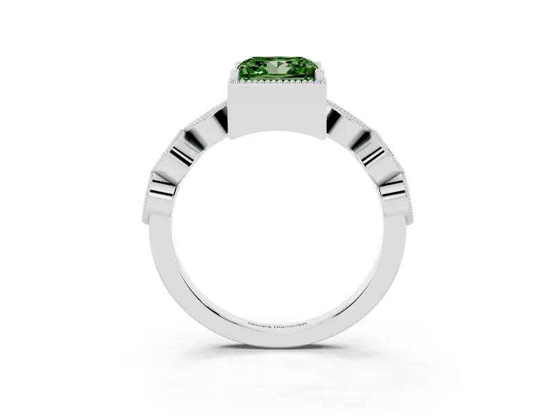 Fancy Green Princess Cut Diamond Vintage-Inspired Milgrain Ring Set in Silver with Marquise Stations of Round Accents