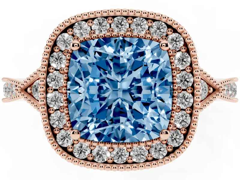 Fancy Blue Cushion Cut Diamond Halo Engagement Ring Set in Rose gold with Milgrain Pavé Band