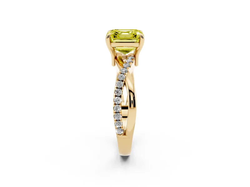 Fancy Yellow Asscher Cut Diamond Twist Band Solitaire Set in Yellow gold with Pavé Accents and Prong Setting