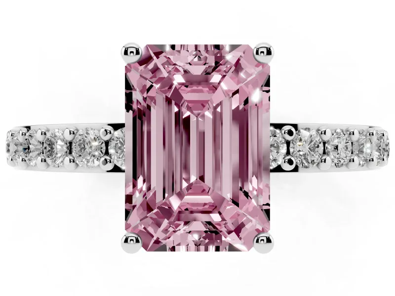 Fancy Pink Emerald Cut Diamond Solitaire Set in Platinum with Round Pavé Band and Prong Setting
