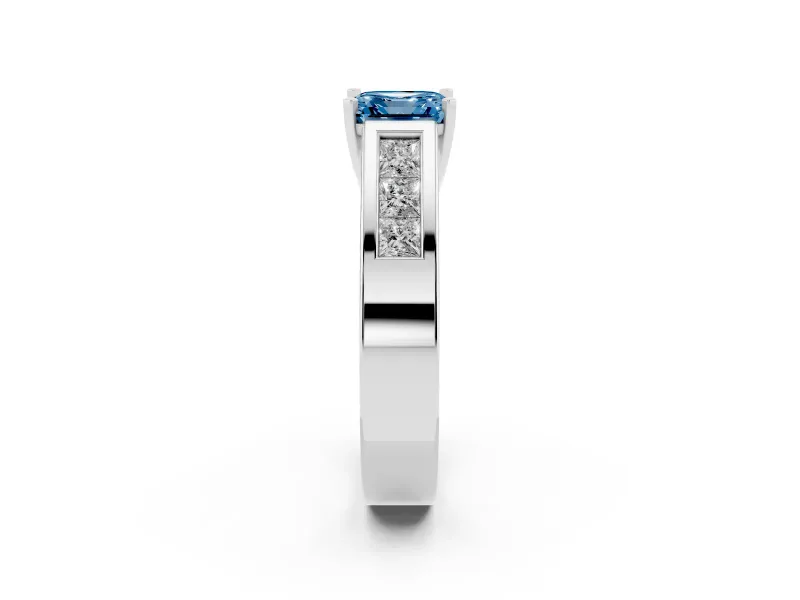 Fancy Blue Asscher Cut Diamond Solitaire Ring Set in Silver with Channel-Set Accent Stones and Prong Setting