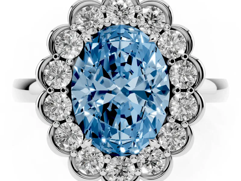 Oval Scalloped Cluster Halo Engagement Ring Setting for a Fancy Blue Lab-Grown Diamond | Plain Band | Platinum