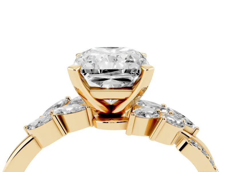 Radiant Cut Diamond Solitaire Ring Set in Yellow gold with Marquise Twist Band and Prong Setting