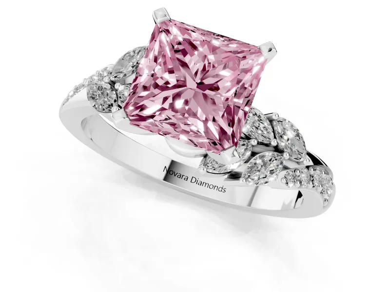 Fancy Pink Princess Cut Diamond Solitaire Ring Set in Platinum with Marquise Twist Band and Prong Setting