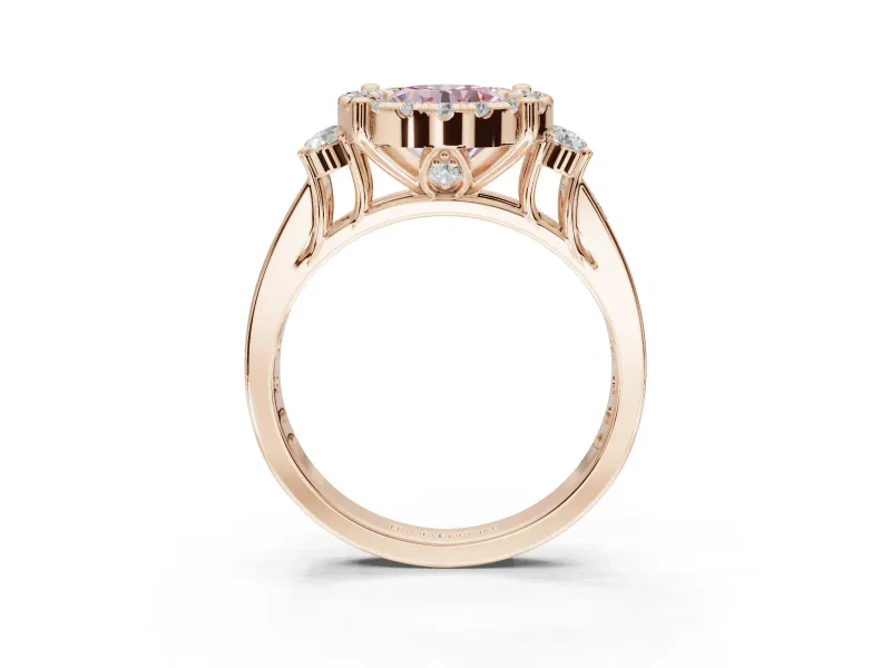 Round Halo Engagement Ring Setting for a Fancy Pink Lab-Grown Diamond | Side Clusters | Rose Gold