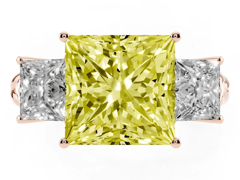 Fancy Yellow Princess Cut Diamond Three-Stone Ring Set in Rose gold with Braided Band