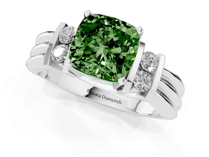 Fancy Green Three-Stone Cushion Cut Diamond Channel Set Ring Set in Silver with Bar Prongs