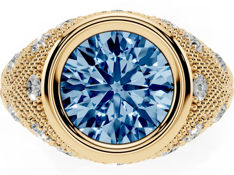 Fancy Blue Round Cut Diamond Bezel Ring Set in Yellow gold with Milgrain Accent Band