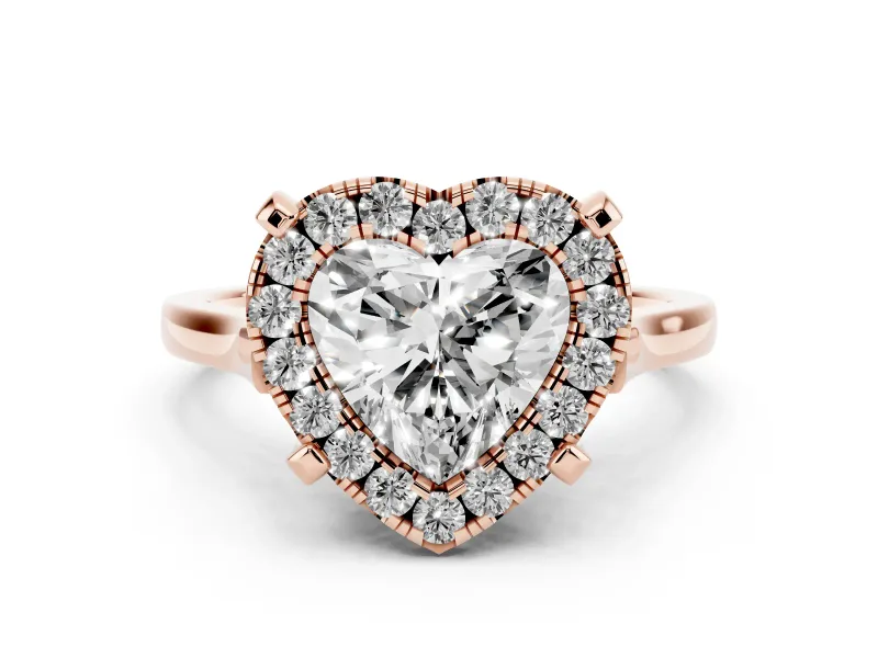 Heart Cut Diamond Cluster Halo Solitaire Ring Set in Rose gold with Prong Setting