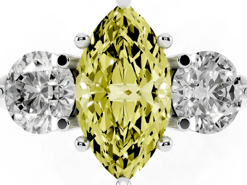Fancy Yellow Marquise Cut Diamond Three-Stone Ring Set in Platinum with Prong Setting and Classic Band