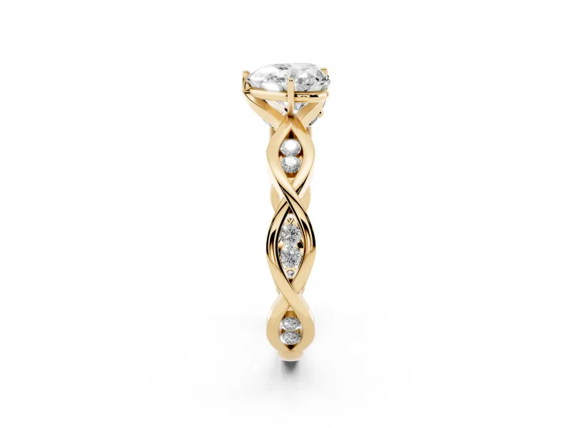 Heart Cut Diamond Twist Band Solitaire Ring Set in Yellow gold with Leaf Prong Setting and Accent Stones