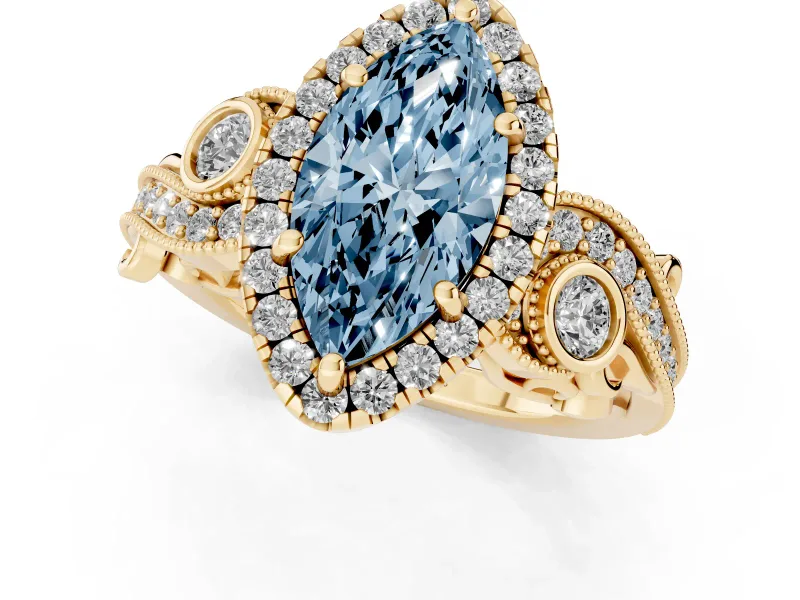 Fancy Blue Marquise Cut Diamond Halo Ring Set in Yellow gold with Milgrain Pavé Band and Prong Setting