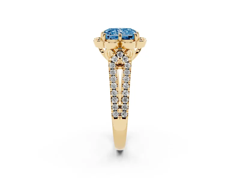 Radiant Cut Floral Halo Engagement Ring Setting for a Fancy Blue Lab-Grown Diamond | Pavé Split Shank | Yellow Gold