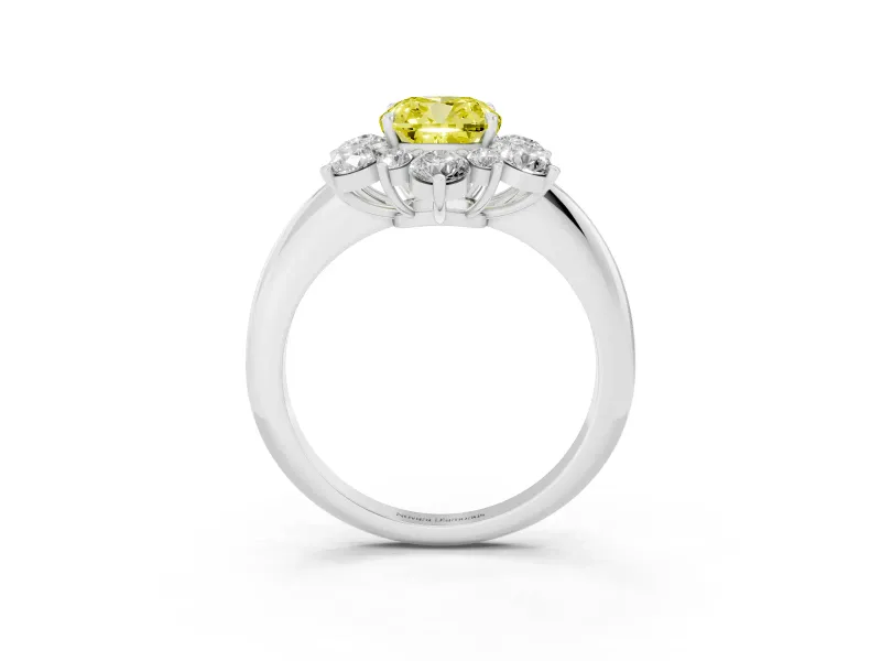 Fancy Yellow Cushion Cut Diamond Cluster Halo Ring Set in Silver with Solitaire Band and Prong Setting