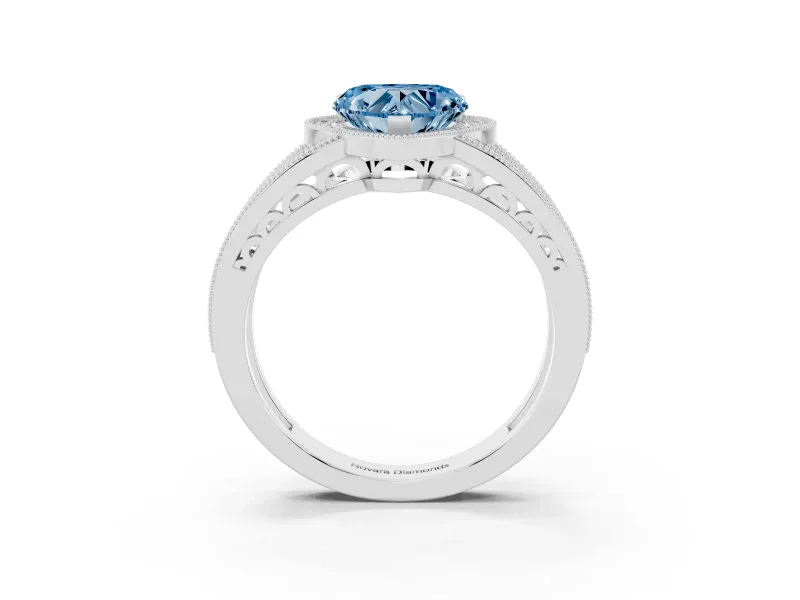 Fancy Blue Heart Cut Diamond Halo Ring Set in White gold with Accent Split Shank and Prong Setting