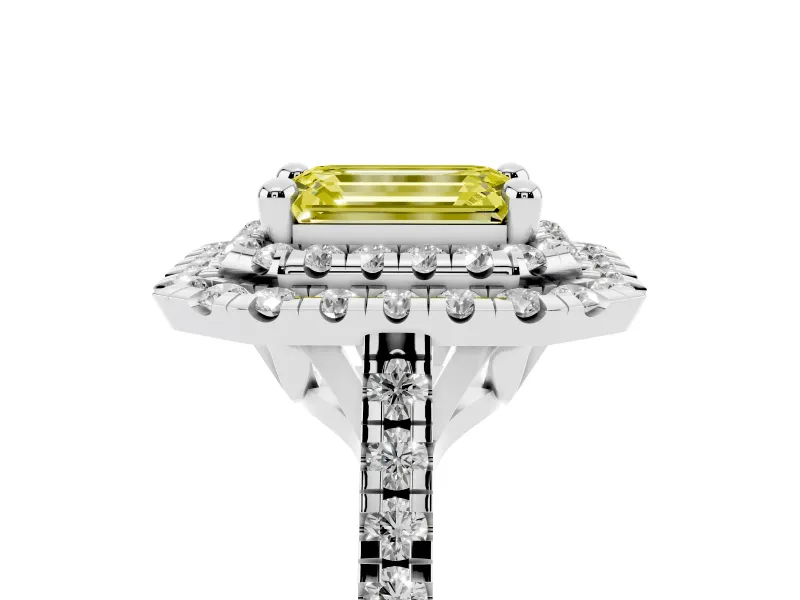 Emerald Cut Double Halo Engagement Ring Setting for a Fancy Yellow Lab-Grown Diamond | Pave Shoulders | Sterling Silver