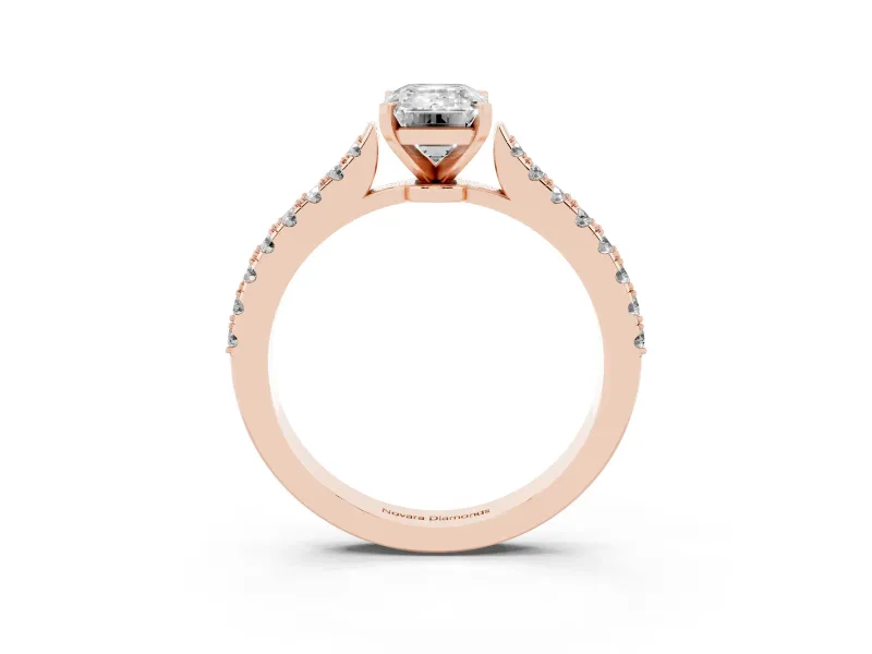 Emerald Cut Diamond Solitaire Engagement Ring Set in Rose gold with Delicate Pavé Band and Prong Setting