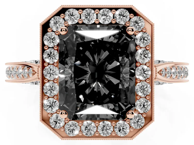 Radiant Cut Milgrain Halo Engagement Ring Setting for a Black Center | Side Stones | Rose Gold