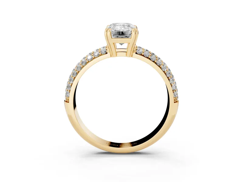 Emerald Cut Three Row Pave Solitaire Engagement Ring Setting | Double Claw Prongs | Yellow Gold