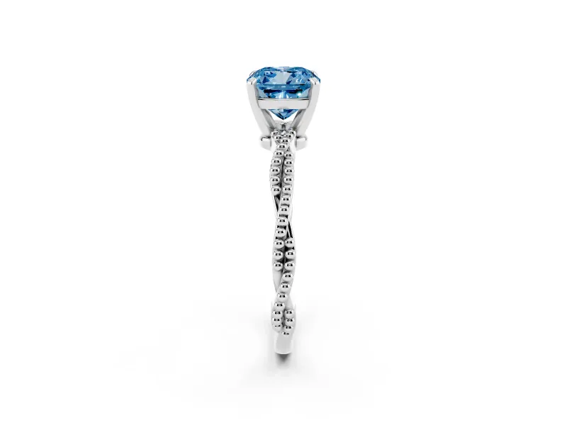 Fancy Blue Cushion Cut Diamond Solitaire Ring Set in Silver with Twisted Band and Bead Prong Setting