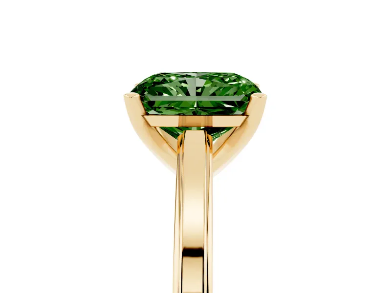 Fancy Green Radiant Cut Diamond Solitaire Ring Set in Yellow gold with Prong Setting and Classic Band